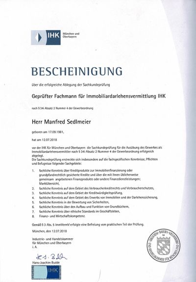 IHK geprüfter Immobiliendarlehnsvermitter